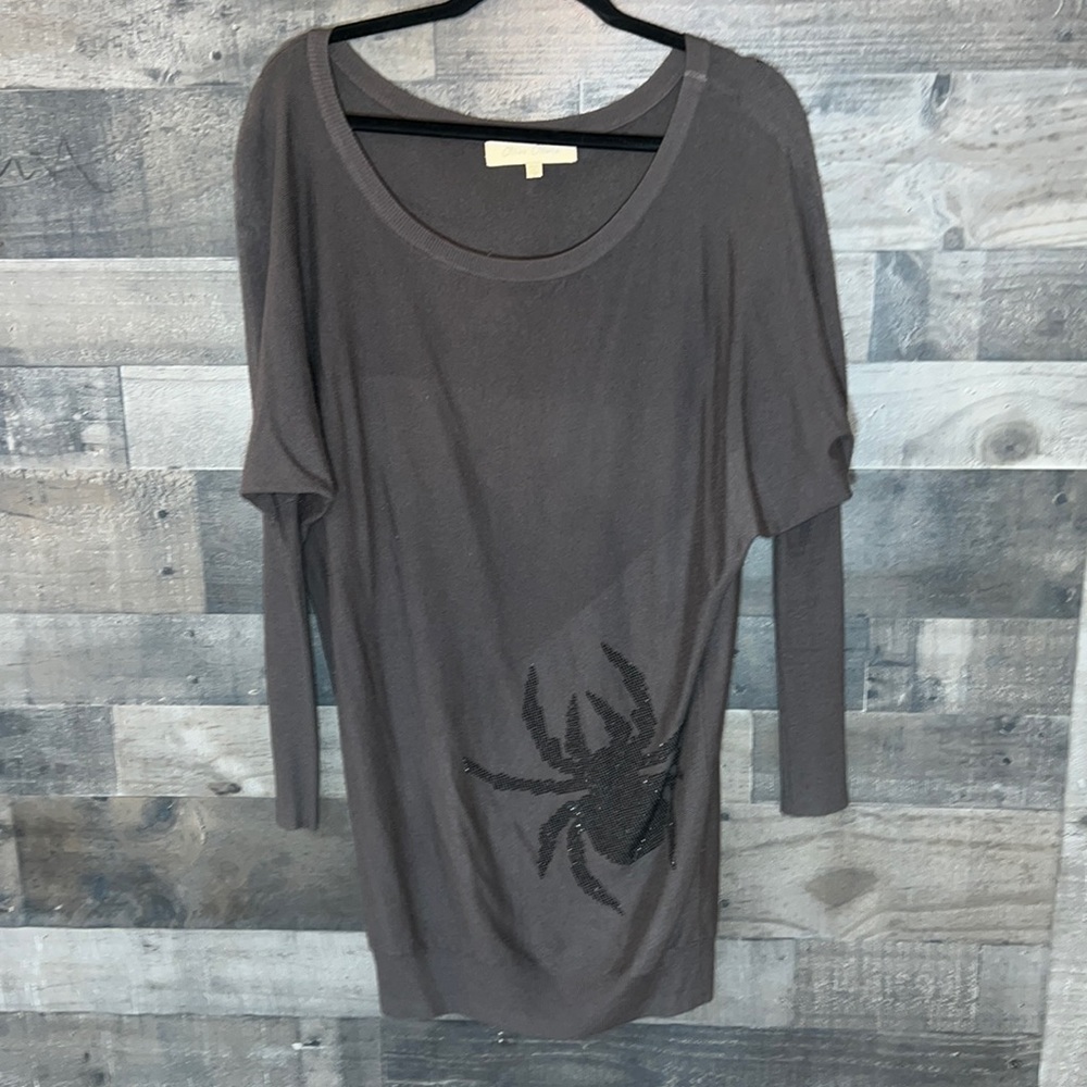 Pretty Olive Olivia Gray Long Sweater With Black Jeweled Spiders